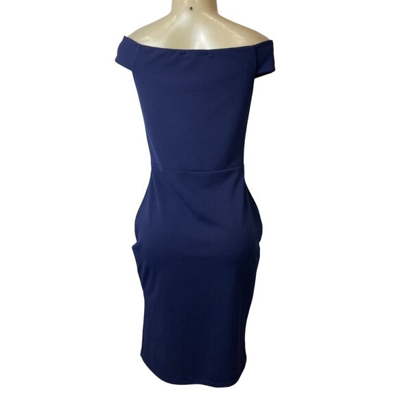 Quiz Navy Blue Off-Shoulder Twist Knot Women's Knee Length Bodycon Dress Sz 14 - Picture 4 of 9